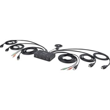 StarTech.com 2-Port Dual-Monitor HDMI Cable KVM Switch, 4K 60Hz, Compact KVM with 5ft1.5m USB-AHDMIAudio Integrated Cables, Bus Powered - Remote Push ButtonHotkey Switching (C2-DH46-UA2-CBL-KVM)