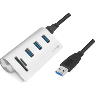 LogiLink USB HUB 3.0, 3-Port, met kaartnleser, ALU, zilver