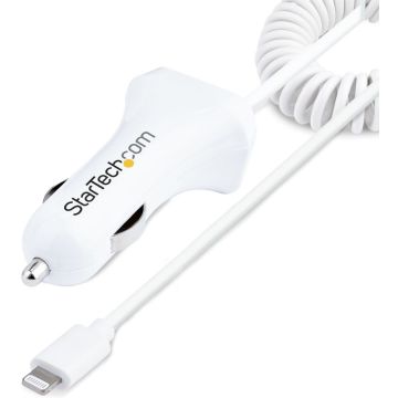 StarTech.com Lightning Car Charger with 1m Coiled Lightning Cable, 12W, White, 2 Port USB Car Charger Adapter for Phones and Tablets, In Car Apple iPhoneiPad Charger w Built-in Cord - Dual USB Car Charger (USBLT2PCARW2)