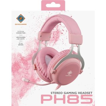 Deltaco Gaming Pink Line PH85 Gaming over-ear Headset, met achtergrondverlichting in roze.  De nieuwe Gaming Headset PH85 uit de Pink Line van het Zweedse Deltaco Gaming, is de ultieme keuze voor gamers die op zoek zijn naar een hoogwaardige audio-ervarin