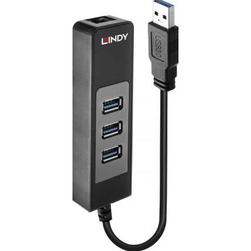 LINDY USB 3.1 Type A To Gigabit LAN And 3 Port Type A Hub Adapter