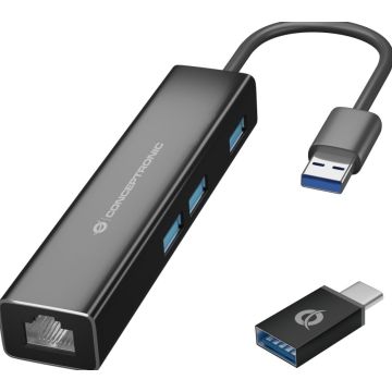 CONCEPTRONIC Adapter USB3.0-> RJ45,3xUSB3.0,TypC Ad 0.15m zwart