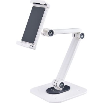StarTech.com Adjustable Tablet Stand for Desk, DeskWall Mountable, Supports Up to 2.2lb, Universal Tablet Stand Holder for Desk, Articulating Tablet Mount with PivotSwivelRotate - Ergonomic Tablet Stand (ADJ-TABLET-STAND-W)