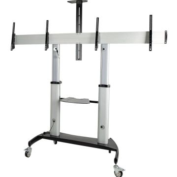 StarTech.com Dual TV Cart for 37-60in VESA TVs up to 110lb (50kg) each, Height Adjustable TV Mount, Mobile Display Cart w Webcam & Equipment Shelves, Lockable Casters, TV Cart on Wheels - Rolling TV Stand (STNDMTVDUO)