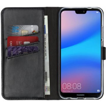 Selencia Echt Lederen Bookcase Huawei P20 Lite - Zwart
