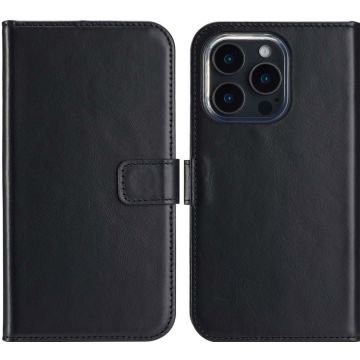 Selencia Echt Lederen Bookcase iPhone 16 Pro - Zwart
