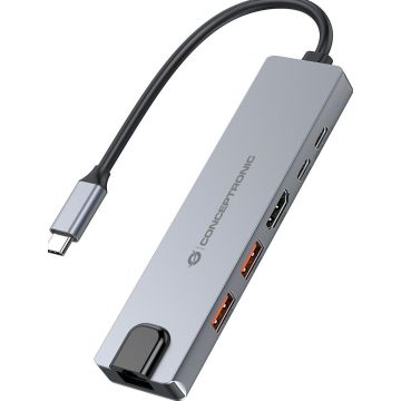CONCEPTRONIC Dock 6-in-1 USB-C->HDMI,2xUSB-A,USB-C,GbE 140W