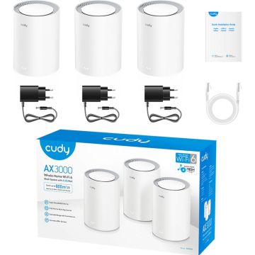 Cudy M3000 3-PACK mesh-wifi-systeem Dual-band (2.4 GHz / 5 GHz) Wi-Fi 6 (802.11ax) Grijs, Wit 1 Intern