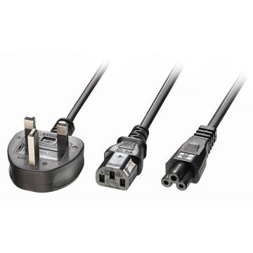 LINDY 2.5m UK 3 Pin Plug to IEC C13 and IEC C5 Splitter Extension Cable. Black