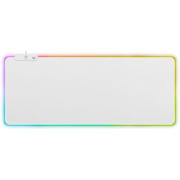 Gaming muismat met RGB-verlichting aan de zijkanten. De bovenkant is gemaakt van comfortabele stof voor een zachte en precieze beweging met uw muis. De RGB-verlichting wordt met een simpele knop in de linkerbovenhoek bediend, die schakelt tussen de versch