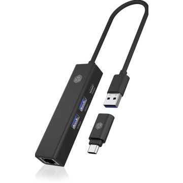 USB Hub ICY BOX 2x USB, USB-C and LAN Black with USB-C Adapter