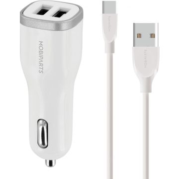 Mobiparts Car Charger Dual USB 2.4A + USB-C Cable White