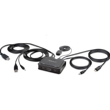 StarTech.com 2-Port Hybrid USB-C HDMI Cable KVM Switch, 4K 60Hz, Compact KVM with 6ft1.8m USB-AHDMIAudio & 4ft1.2m USB-C Integrated Host Cables, Bus Powered - Remote Push ButtonHotkey Switching (C2-H46-UAC-CBL-KVM)