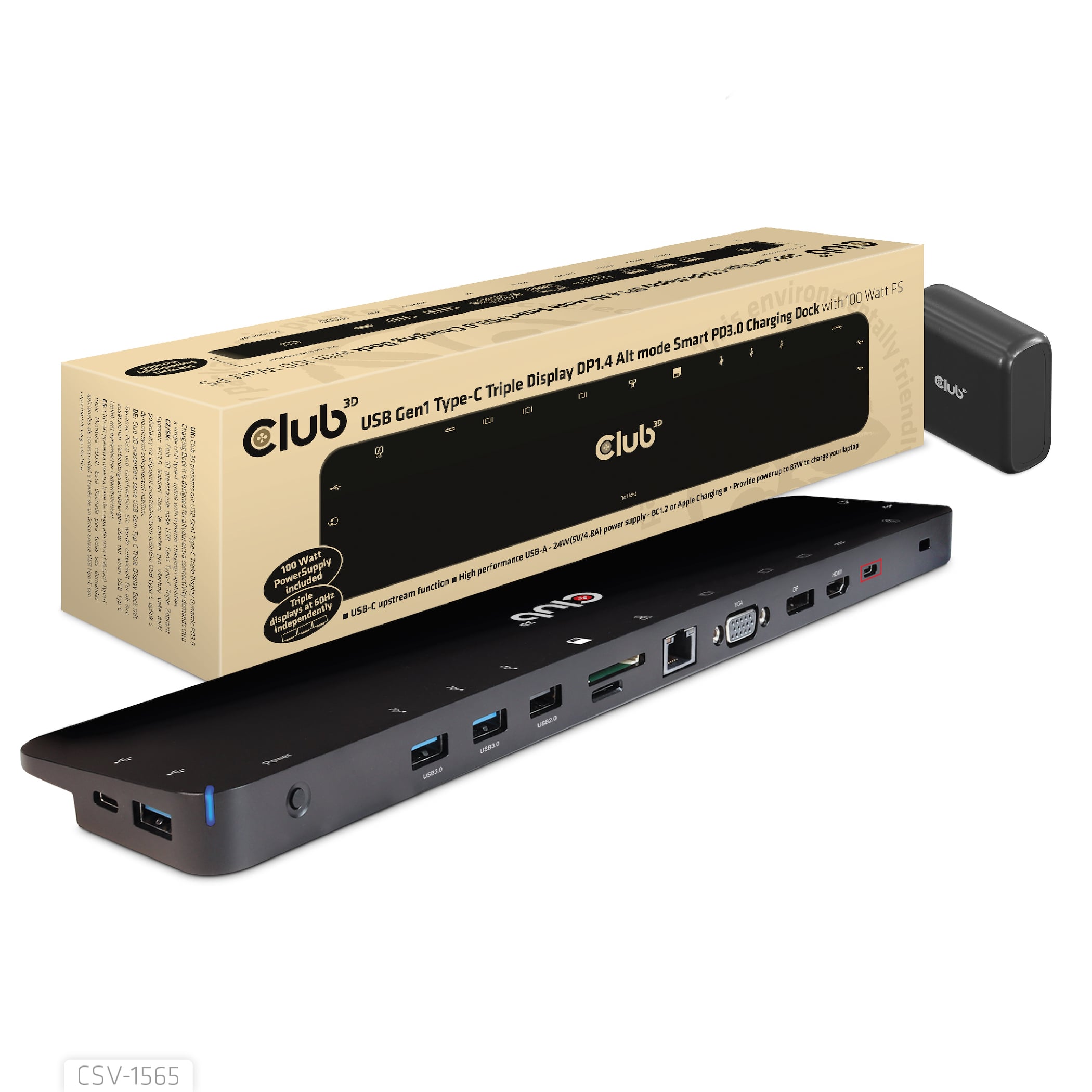 CLUB 3D USB Gen1 Type-C Triple Display DP1.4 Alt mode Smart PD3.0 Charging Dock met 100 Watt Power Supply - Dockingstation