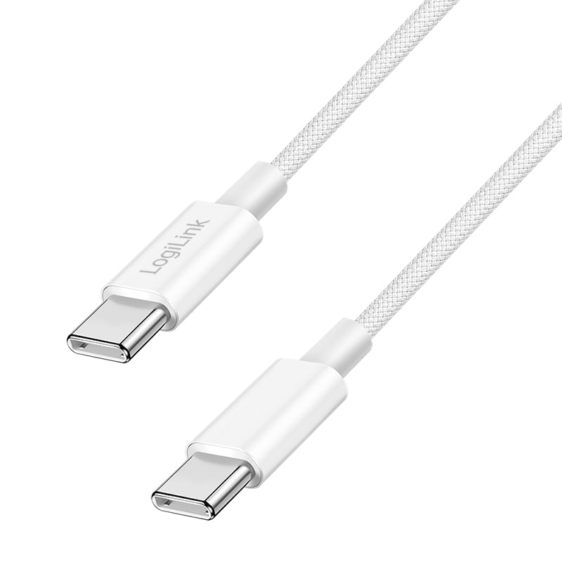 Logilink USB 2.0 Typ-C Kabel C/M > C/M, Nylon, 60W weiß 1,5m
