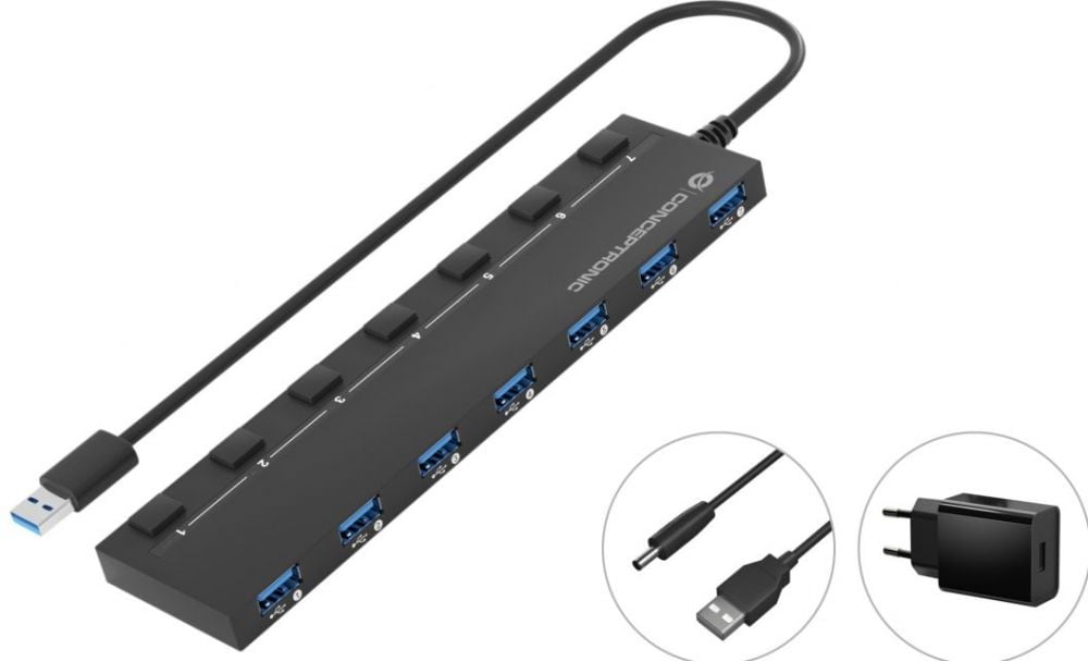 CONCEPTRONIC USB-Hub 7-Port 3.0 ->7x3.0 m.voeding zwart