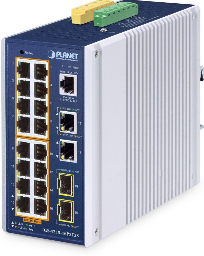 Planet Industrial 16-Port PoE+ Managed Switch IGS-4215-16P2T