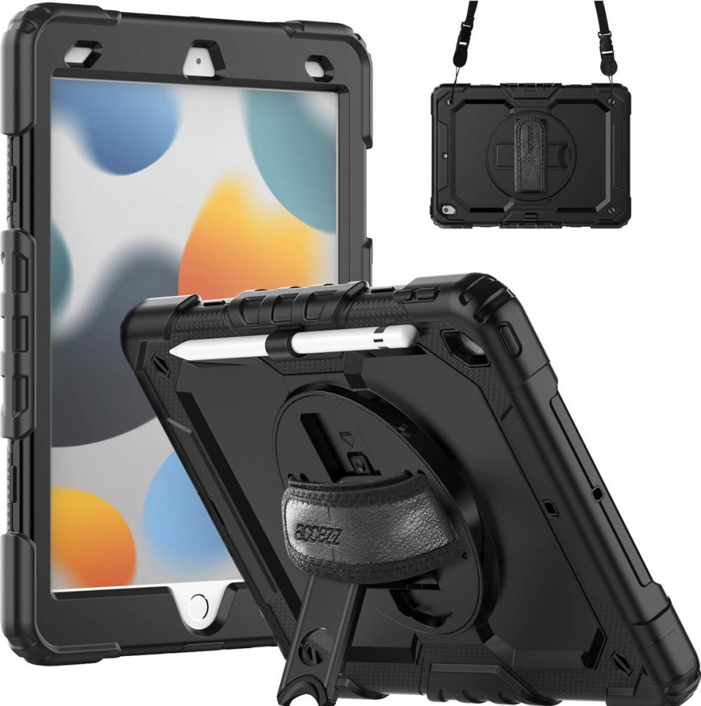 Accezz Rugged Backcover met schouderstrap iPad 9 (2021) 10.2 inch / iPad 8 (2020) 10.2 inch / iPad 7 (2019) 10.2 inch - Zwart