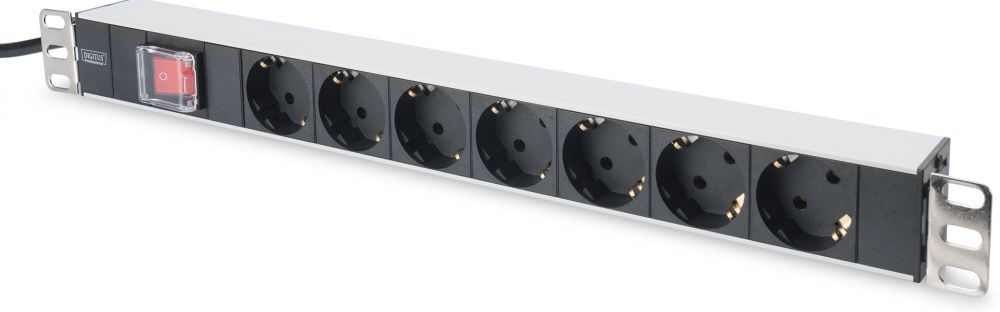 DIGITUS Professional Stekkerdoos met aluminium profiel en schakelaar, 7-voudige contactdoos met randaarde, 2 m kabel met randaarde stekker