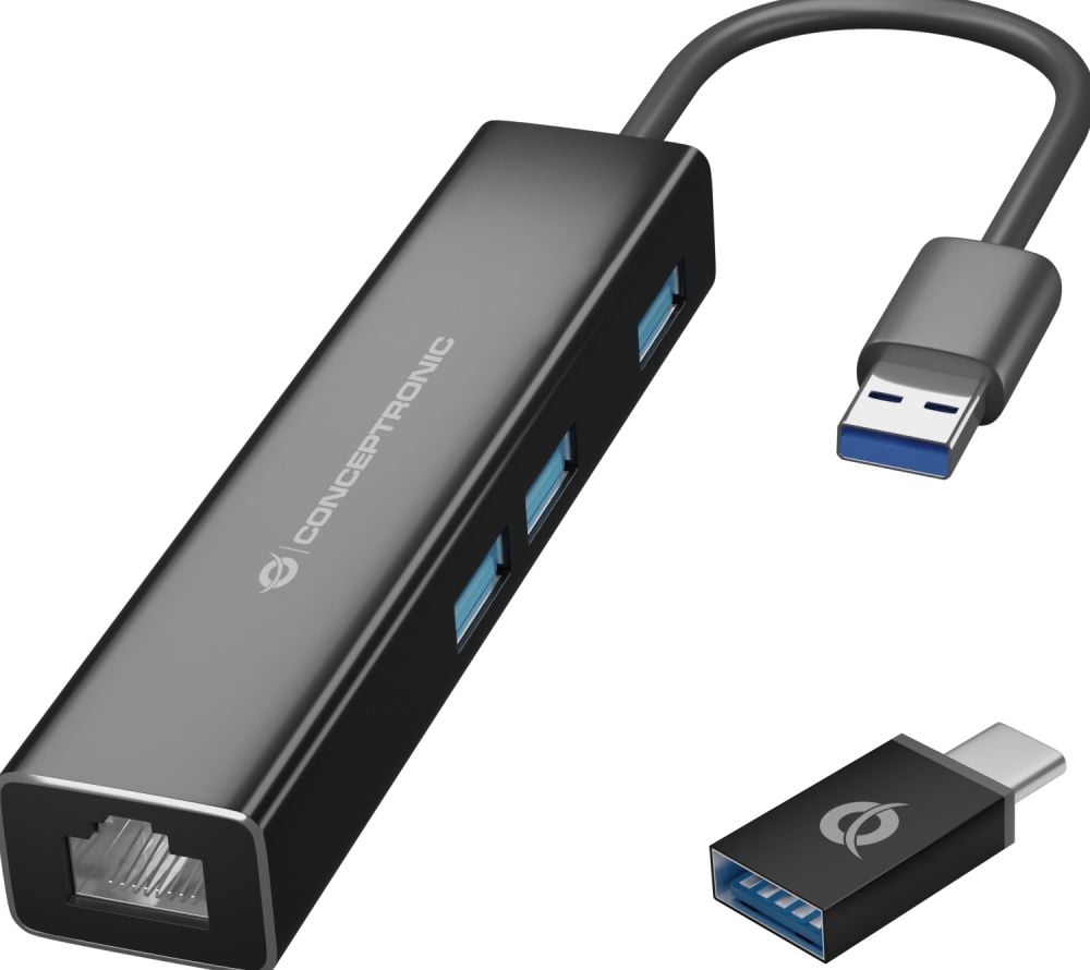 CONCEPTRONIC Adapter USB3.0-> RJ45,3xUSB3.0,TypC Ad 0.15m zwart