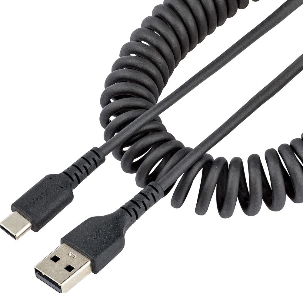 StarTech.com 1m USB A naar C Laadkabel, Zwart, Robuuste Fast Charge & Sync Spiraalkabel, Hoogwaardige USB 2.0 A naar USB Type-C Snellaadkabel,