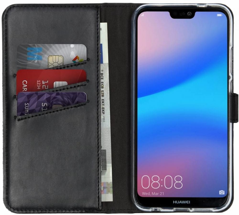 Selencia Echt Lederen Bookcase Huawei P20 Lite - Zwart