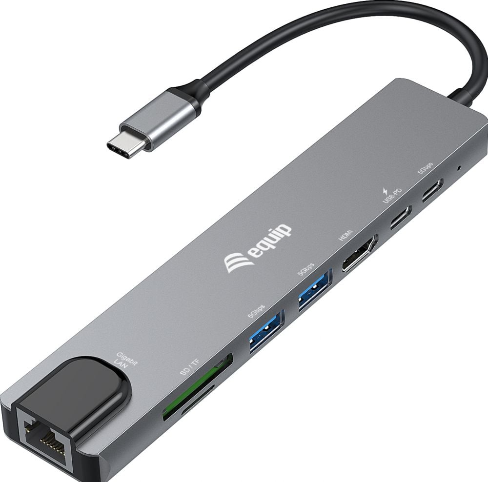 Equip Adapter USB-C -> HDMI,GbE,3xUSB3.2 Gen1,SD/TF,PD 100W