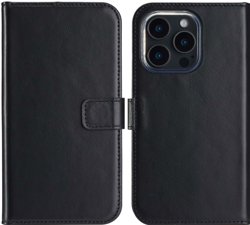 Selencia Echt Lederen Bookcase iPhone 16 Pro - Zwart