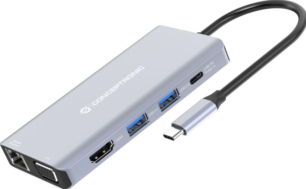 CONCEPTRONIC Dock USB-C->10-in-1 HDMI,USB3.0,SD,100WPD grau