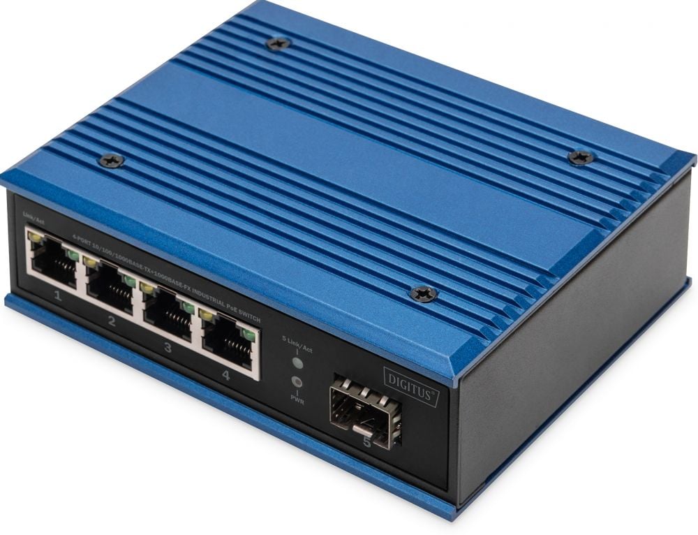 DIGITUS Switch Ind. 4-Port Gigabit 30W PoE Unmanaged blau