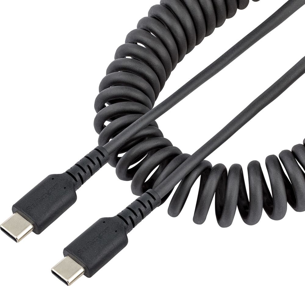 StarTech.com 1m USB C Laadkabel, Zwart, Robuuste Fast Charge & Sync USB-C Spiraalkabel, USB 2.0 Type-C Snellaadkabel, Duurzame Aramidevezels, USB-C