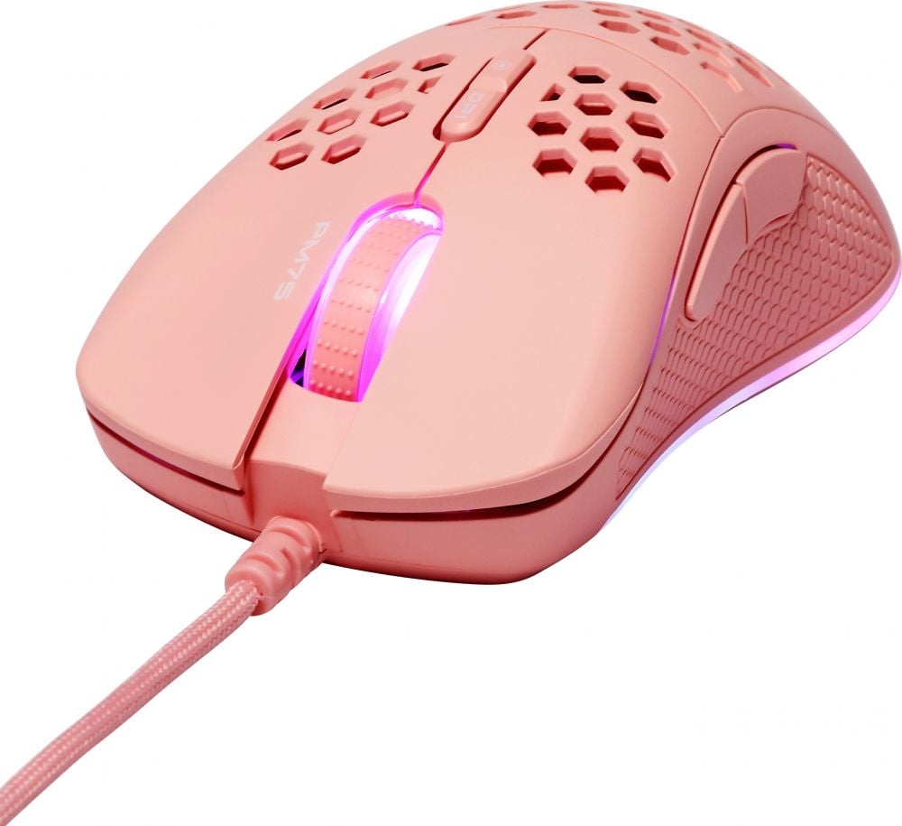 Deltaco Gaming GAM‑108‑P – Ultra‑Light Gaming Mouse – RGB – Wired USB – 6400 DPI – roze