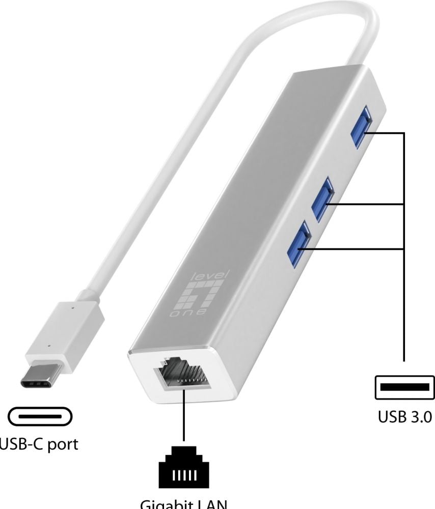 LevelOne USB-0504 - Gigabit USB‑C-netwerkadapter met USB hub