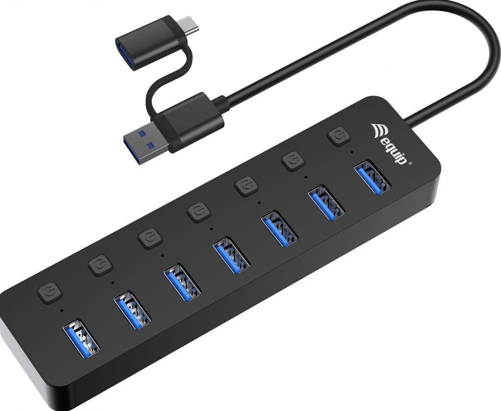 Equip USB-Hub 7-Port 3.2 ->7x3.2 inkl USB-C Adapter zwart