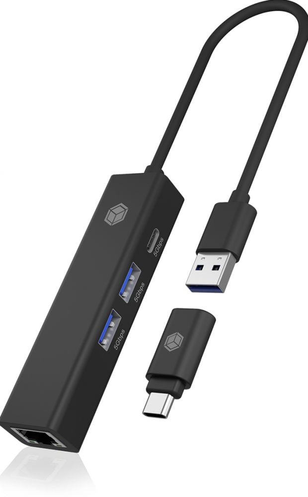 USB Hub ICY BOX 2x USB, USB-C and LAN Black with USB-C Adapter