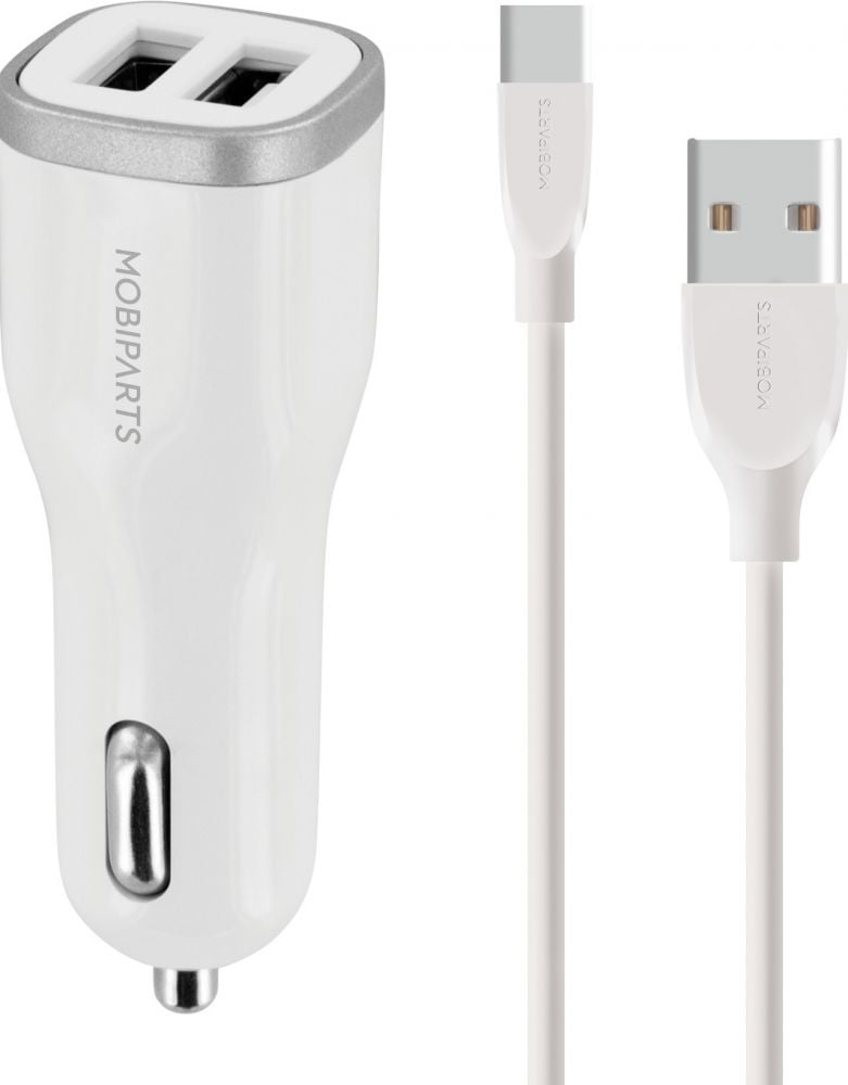 Mobiparts Car Charger Dual USB 2.4A + USB-C Cable White