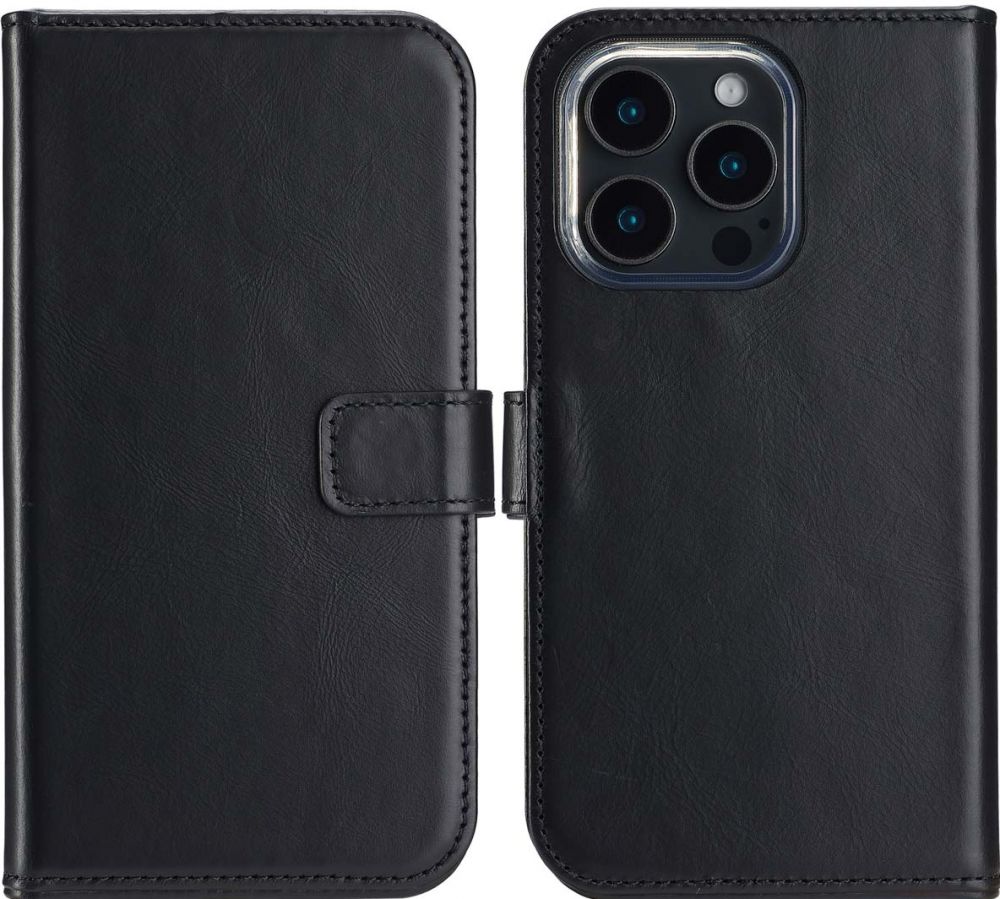 Selencia Echt Lederen Bookcase iPhone 16 Pro Max - Zwart