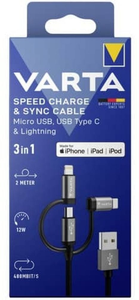 Varta Kabel Speed Charge & Sync USB A to Micro/C/Light. 2 M