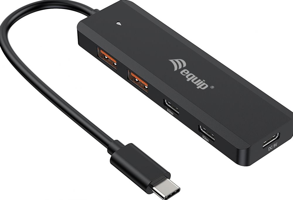 aquip USB-Hub 4-Port 3.2 ->2xUSB-C, 2xUSB-A o.voeding zwart