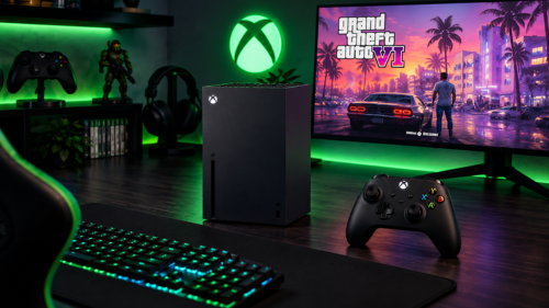 Xbox-s in een gaming setup met GTA 6 op het scherm