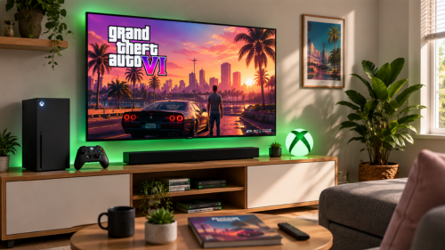 Xbox-S bij een televisie met GTA 6 in een woonkamer