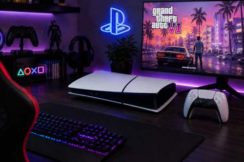 PlayStation 5 in een gaming setup met GTA 6 op het scherm
