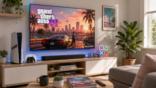 PlayStation 5 bij een televisie met GTA 6 in een woonkamer