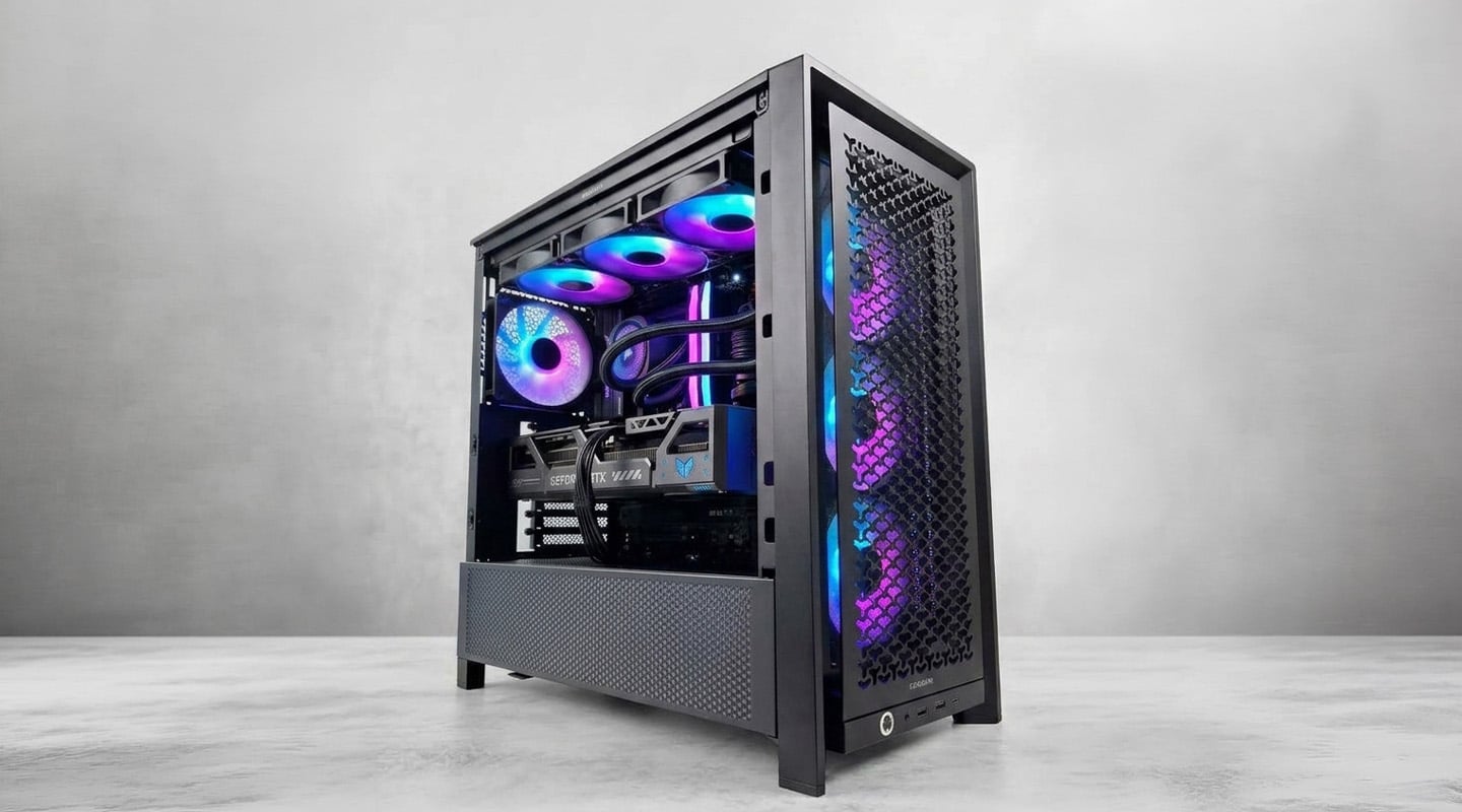 Xenith Epic gaming-pc met paars-blauwe RGB-fans en GeForce RTX videokaart