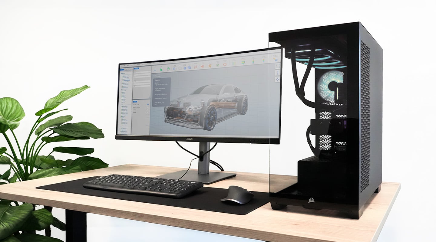 Xenith-werkstation met ultrawide monitor waarop een CAD-model van een auto geopend is