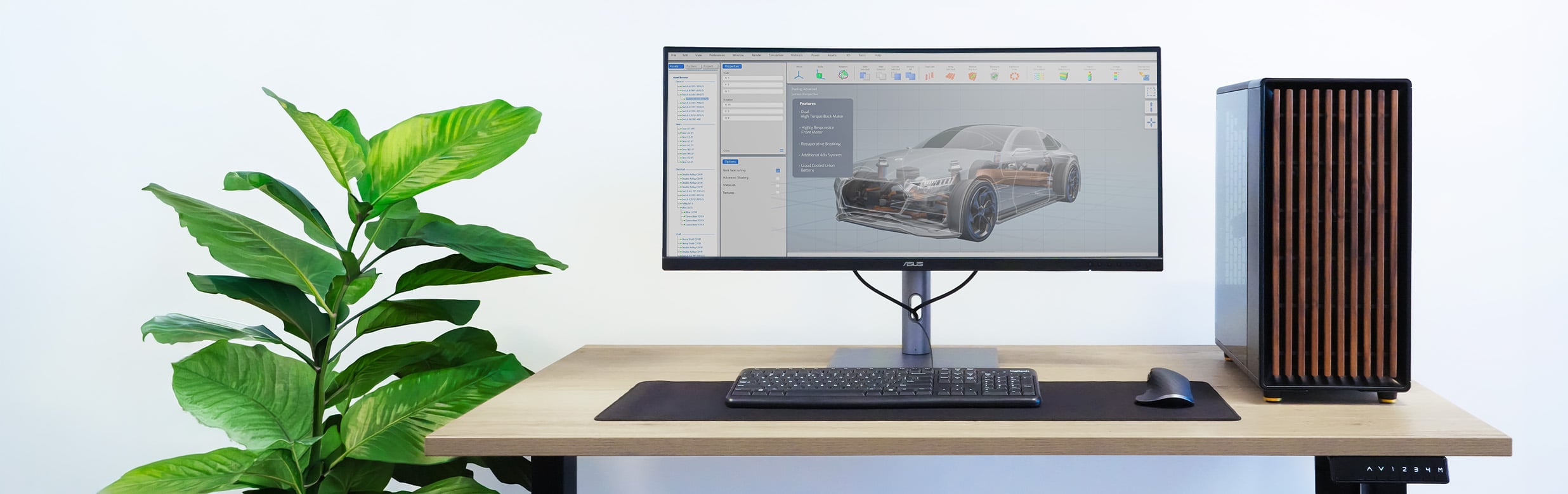 Werkplek met een Xenith-workstation en ultrawide monitor met CAD-software