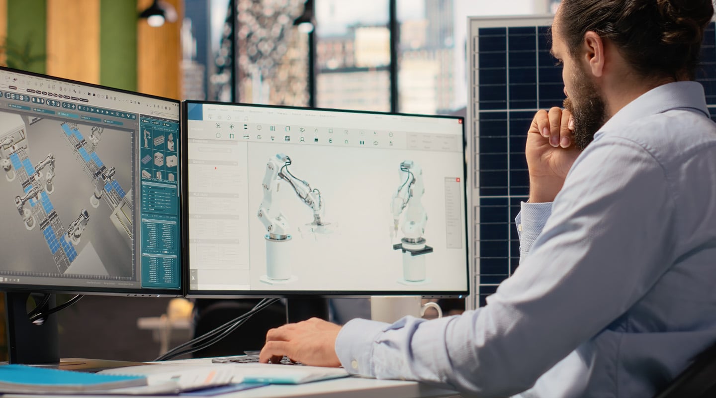 Engineer werkt in CAD-software aan robotarmen op twee monitoren
